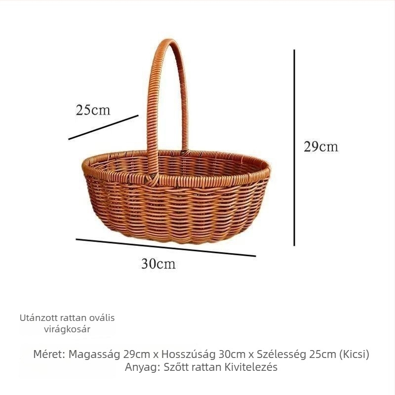 Kézzel szőtt rattan kosár virágokhoz, gyümölcsökhöz és kerti kompozíciókhoz — természetes ihletésű.