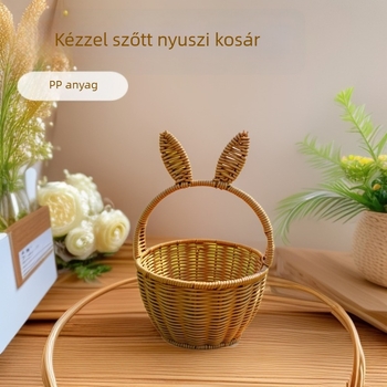 Kézzel szőtt PP műanyag ajándékkosár nyuszis motívummal, hordozható tároló kosár virágokhoz, gyümölcsökhöz és kozmetikumokhoz (vidéki stílus)