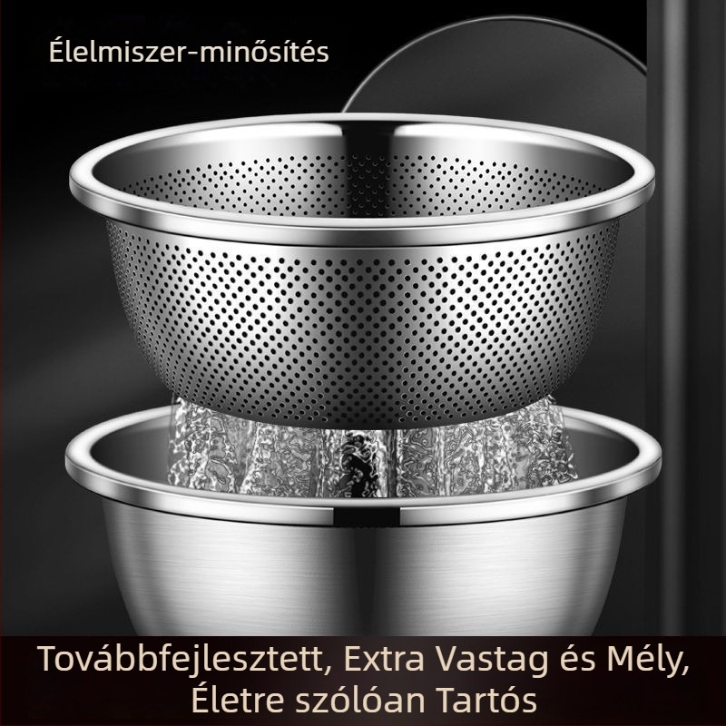 Vastagított rozsdamentes acél leeresztő kosár zöldségek és rizs mosására, konyhai multifunkciós eszköz, gyümölcskosár, rizs öblítésére és tészta dagasztására