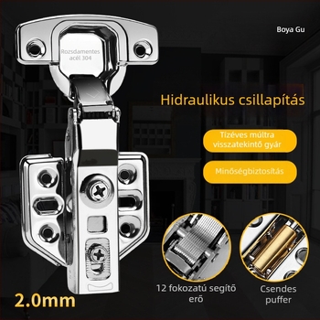 304 rozsdamentes acél hidraulikus pánt, 2,0 mm vastagságú, csillapítóval szekrény- és gardróbajtókhoz