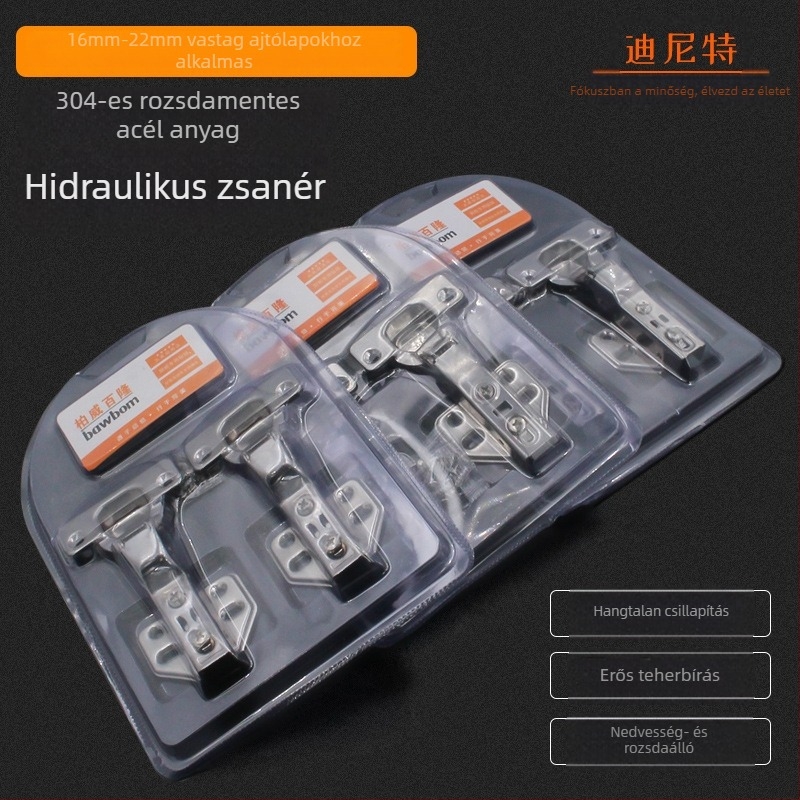 304 rozsdamentes acél hidraulikus pánt hidraulikus csillapítóval, modell 0001, fényes felület, Dinit márka