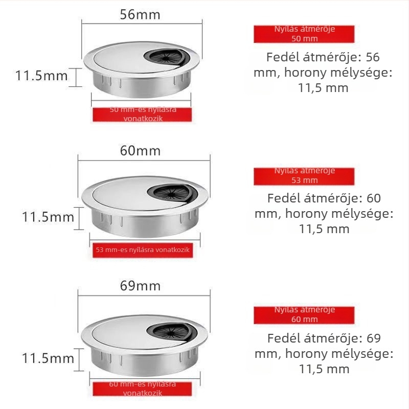 Kerek kábeldoboz 50/53/60 mm, műanyag kábelkezelő fedél, fedél a kábelnyílásokhoz, konferenciaasztalhoz