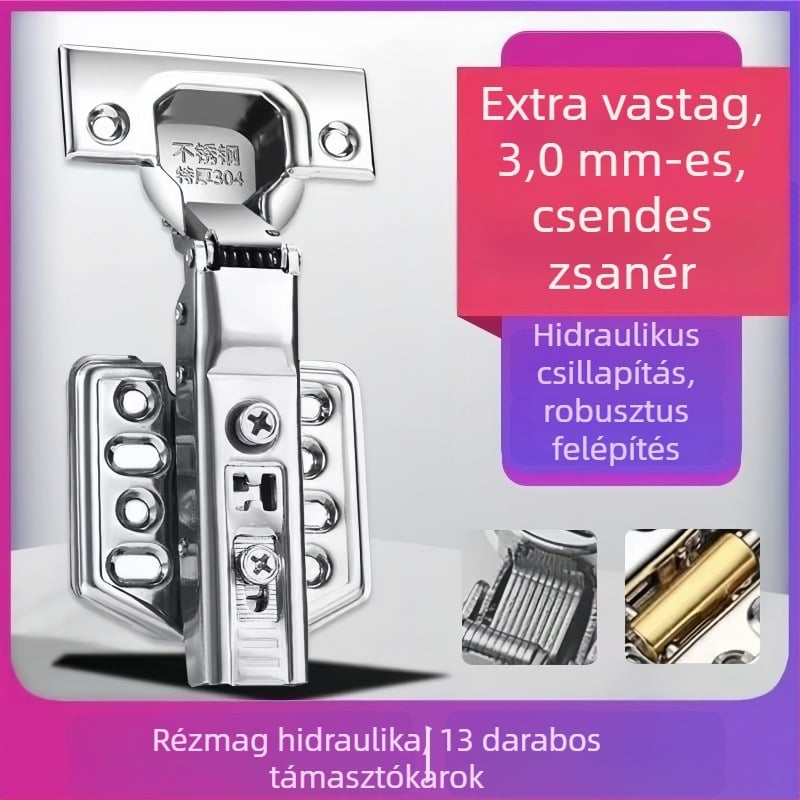 Rozsdamentes acél szekrényajtó pánt, 3.0 mm vastagság, csendes, hidraulikus csillapítással, szekrényekhez és gardróbokhoz