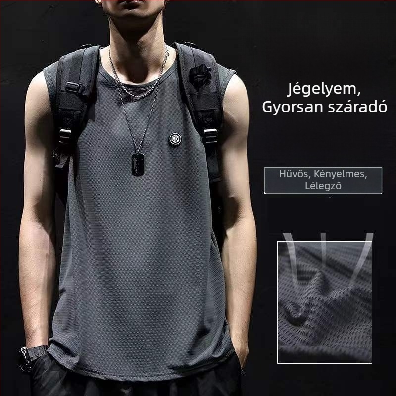 Férfi laza szabású ujjatlan felső jég-selyem anyagból, gyorsan száradó, nyárra, sport és kosárlabda, plusz méret.