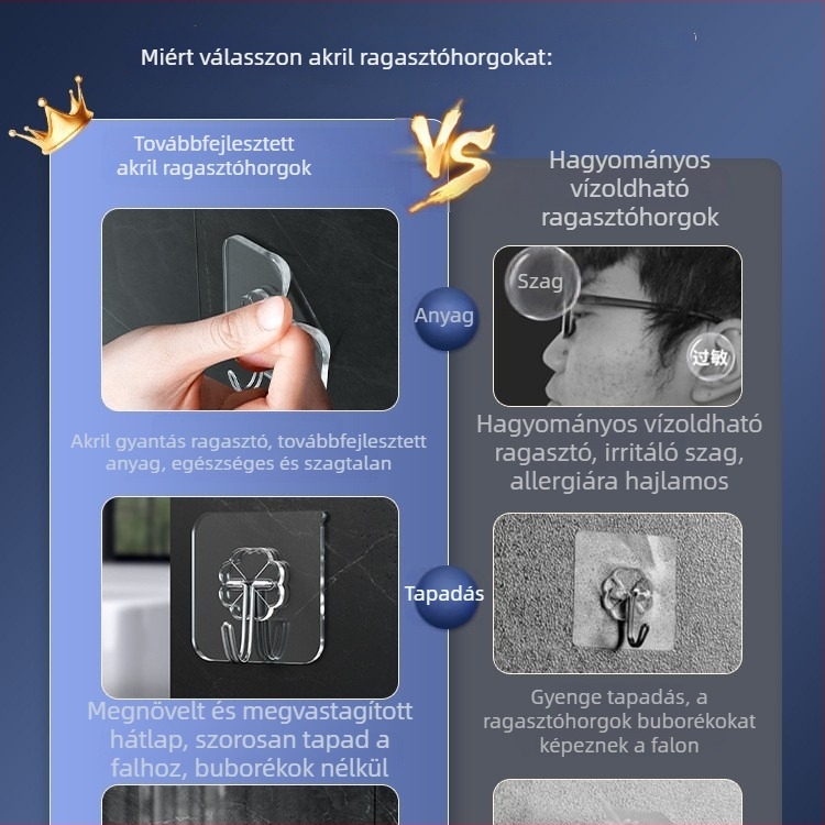 Rozsdamentes acél falra ragasztható akasztó, erős teherbírású, fúrás nélkül, nyom nélkül, egy darab akasztó, modern dizájn