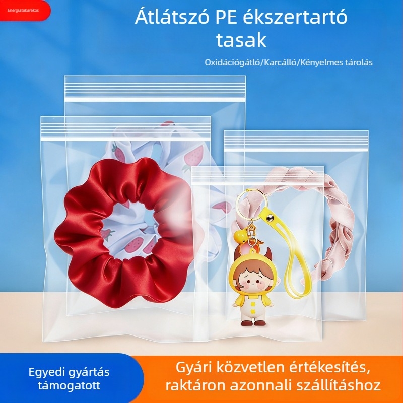 Áttetsző PE tasakok önzáró záródással dekoratív elemekhez és kisebb ékszerekhez, hajgumik csomagoláshoz