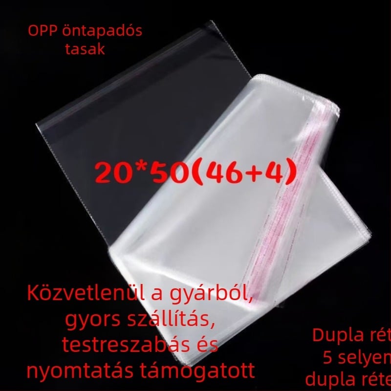 20×50 (46+4) Öntapadós csíkos tasakok, átlátszó OPP műanyag csomagoló tasakok záráshoz és tároláshoz