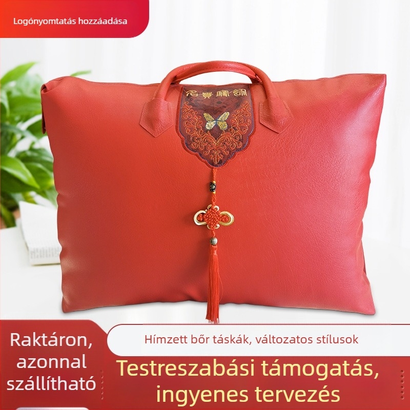 Bőrből készült esküvői tároló táska menyasszony zsebéhez, nagy piros pamut-selyem takaróval, kézi hordozó táska