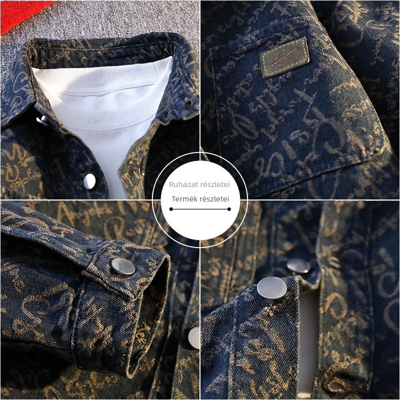 Férfi denim dzseki jacquard mintával, amerikai retro stílus, lazán szabott, hosszú ujjú, mosott felülettel, hétköznapi viselet