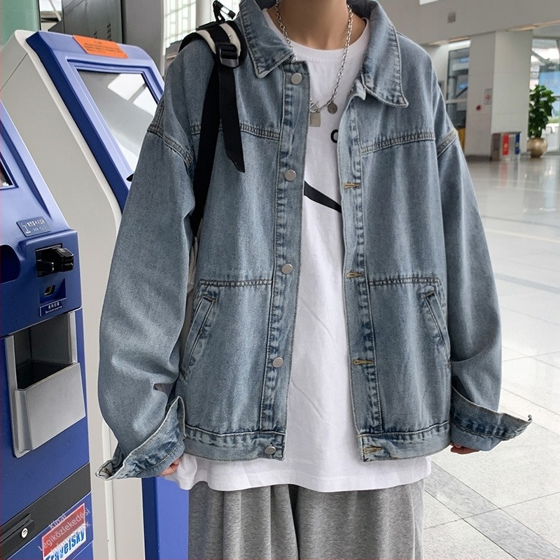Férfi vintage denim dzseki, koreai stílus, Harajuku inspiráció, mindennapi városi viselet, tavaszra és őszre