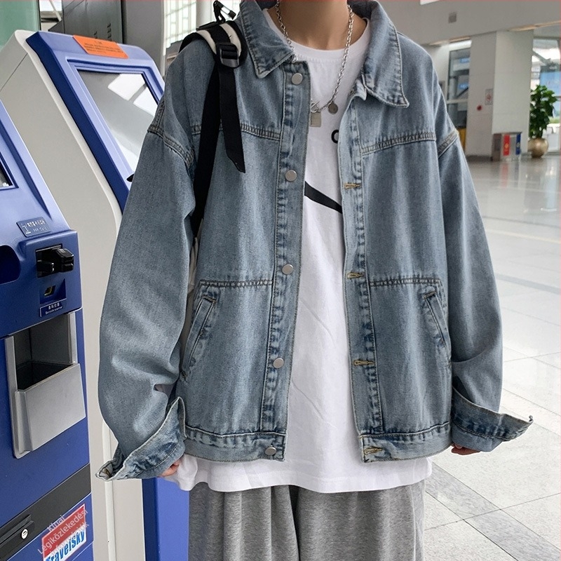 Férfi vintage denim dzseki, koreai stílus, Harajuku inspiráció, mindennapi városi viselet, tavaszra és őszre