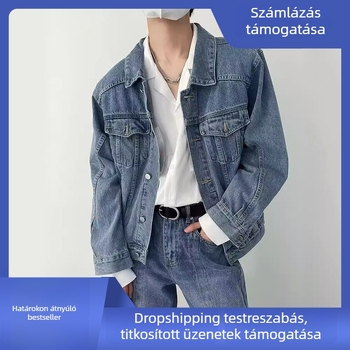 Férfi denim dzseki galléros, hosszú ujjú, hétköznapi retro stílus