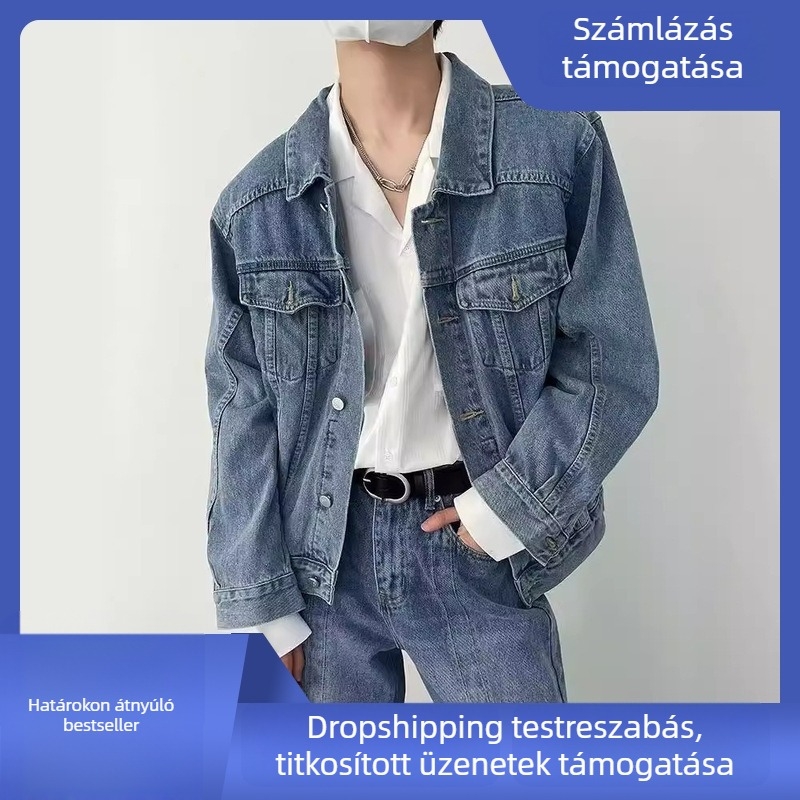 Férfi denim dzseki galléros, hosszú ujjú, hétköznapi retro stílus