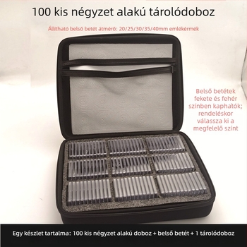 100 darabos kis négyszögletes érmés tároló doboz, állítható belső párnával 40 érme számára, érmevédő doboz cipzáras táskával