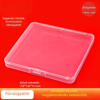 Átlátszó PP műanyag doboz, négyszögletes, egyrészes sík doboz, 158 × 156 × 15 mm, halászati alkatrészek és kiegészítők számára