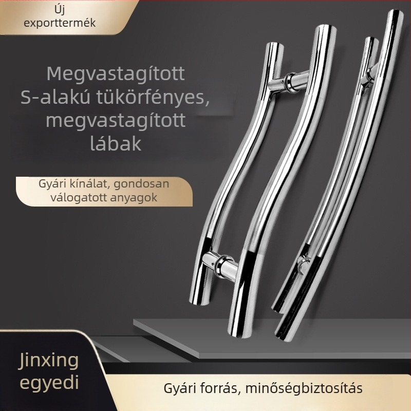 Hold alakú, fényes rozsdamentes acél ajtókilincs, 32 mm-es csőátmérő, üveg- és faajtókhoz