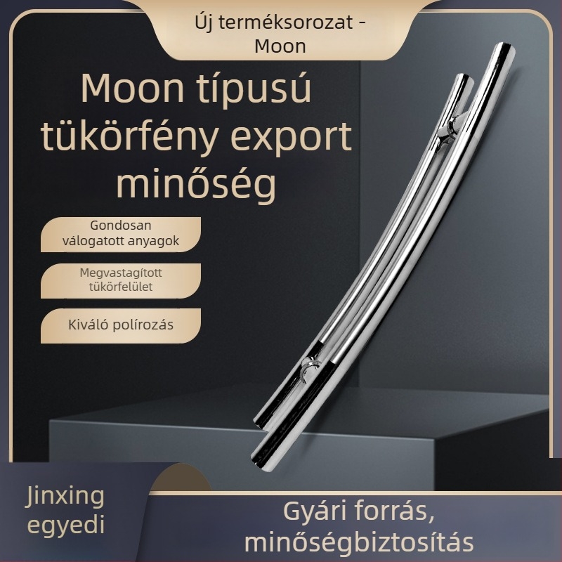 Hold alakú, fényes rozsdamentes acél ajtókilincs, 32 mm-es csőátmérő, üveg- és faajtókhoz