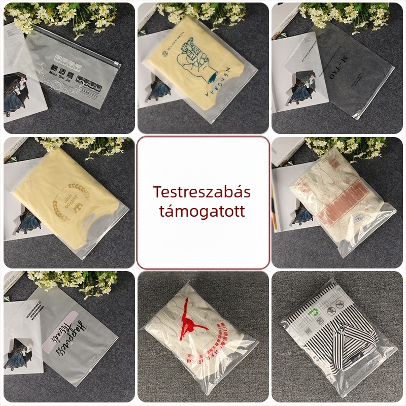 Ruhákhoz cipzárral zárható tároló taska, átlátszó matt zacskó, műanyag lezárható csomagolás, fehérnemű és zokni tároló taska, nyomtatható