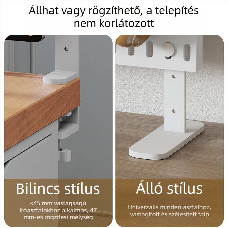 Asztali perforált panel fúrás nélkül, állítható klipszes rögzítés könyvek és irodai kellékek rendezésére
