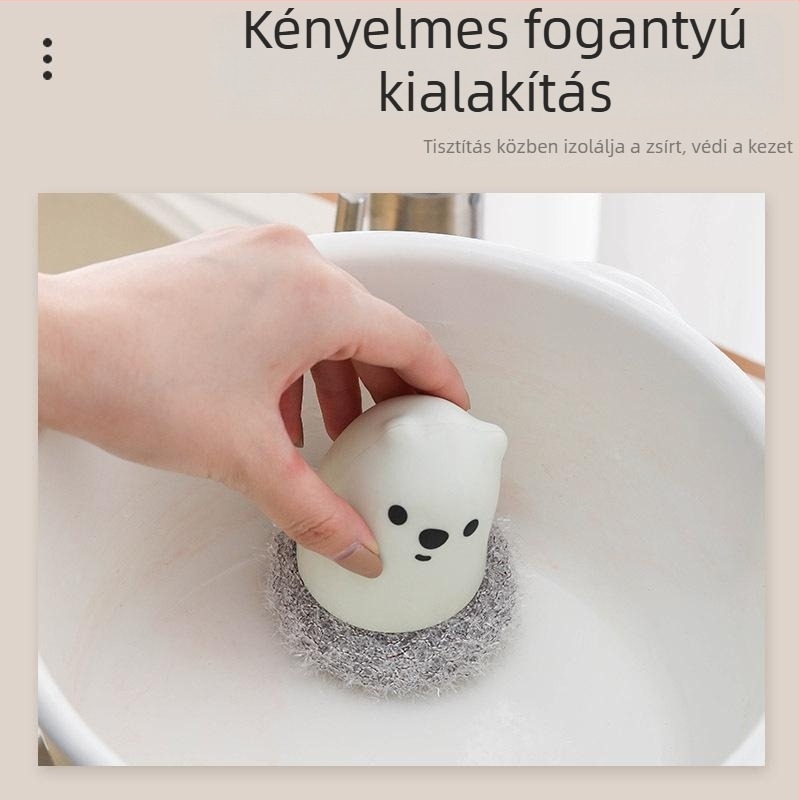 Akril selyem edénytisztító kefe rajzolt medvével, tűzhely zsírtalanításához, talppal és tisztító golyóval
