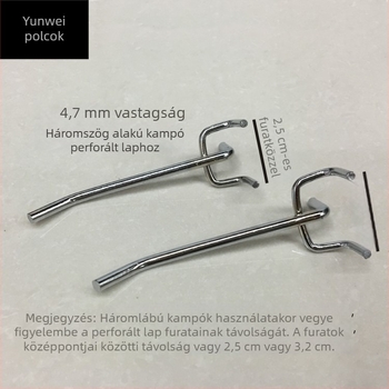 Vasból készült polcfogas perforált panellel, háromágú, elektroplattolt felülettel