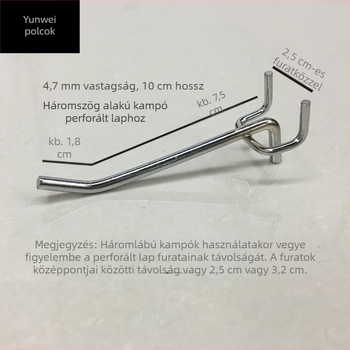 Vasból készült polcfogas perforált panellel, háromágú, elektroplattolt felülettel