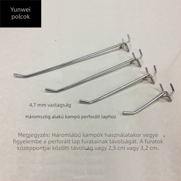 Vasból készült polcfogas perforált panellel, háromágú, elektroplattolt felülettel