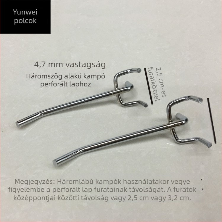 Vasból készült polcfogas perforált panellel, háromágú, elektroplattolt felülettel