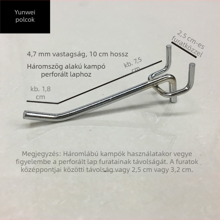 Vasból készült polcfogas perforált panellel, háromágú, elektroplattolt felülettel