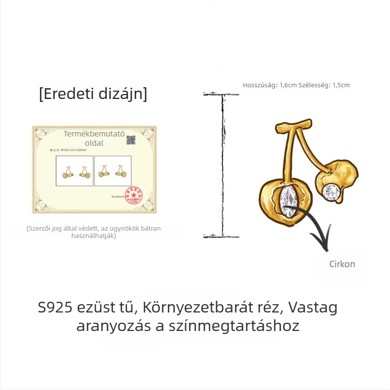 Női fülbevaló cseresznyemintával, homokfújt textúra, vastag 18K aranyozás, 925 ezüst tüske, divatos és elegáns