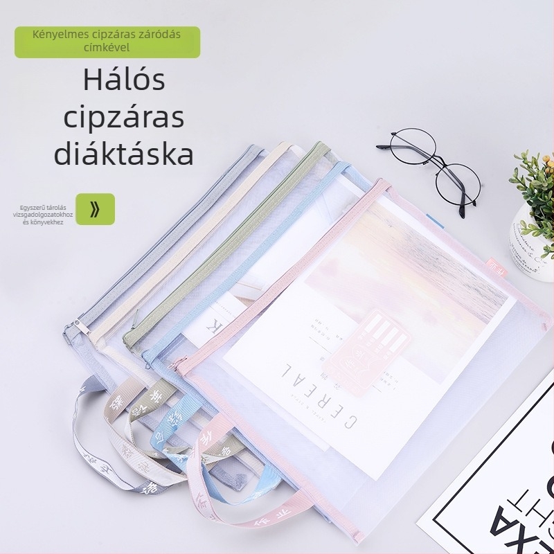 Diák tantárgyak szerinti irattartó táska, hordozható, cipzárral, nagy kapacitású, átlátszó hálóval, tankönyvek és házi feladatok számára