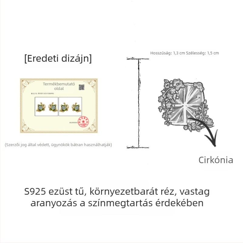 Olívazöld cirkón virág fülbevalók, 18K aranyozott, francia szőlő motívum, 925-ös ezüst tű, nőknek
