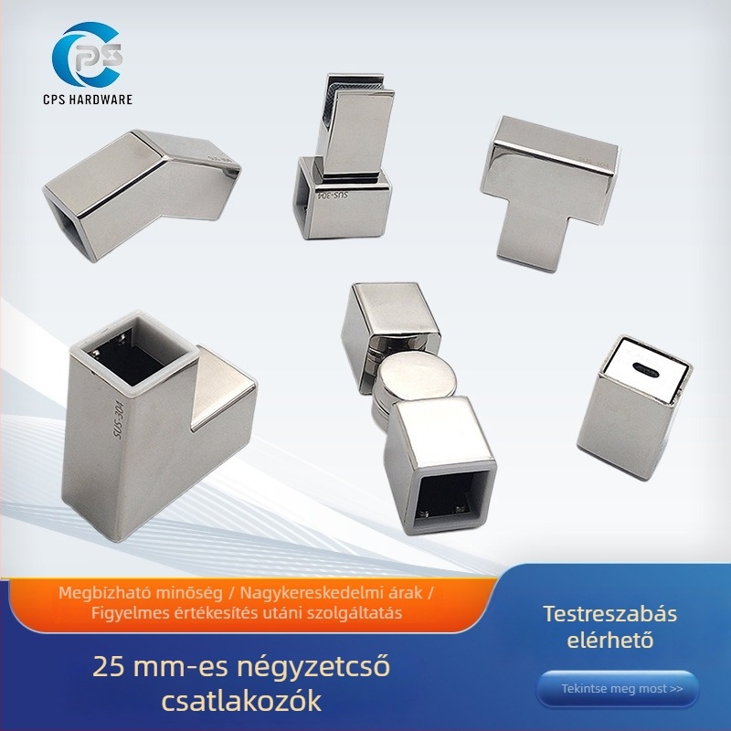 Rozsdamentes acél zuhanykabin üvegajtóhoz – 25x25 mm-es négyzetes cső, háromirányú univerzális flanész csipesz