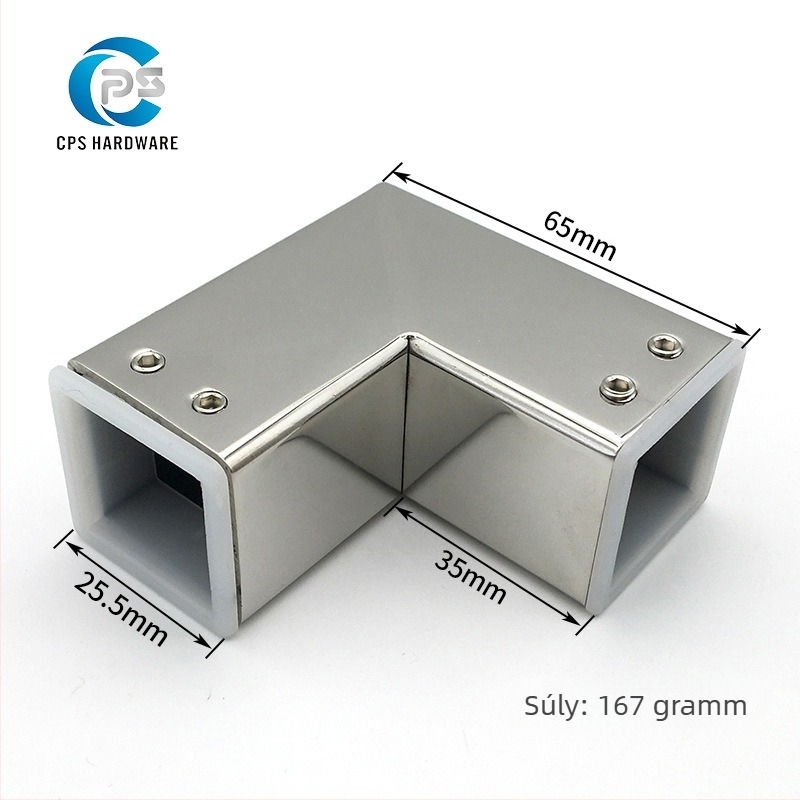 Rozsdamentes acél zuhanykabin üvegajtóhoz – 25x25 mm-es négyzetes cső, háromirányú univerzális flanész csipesz