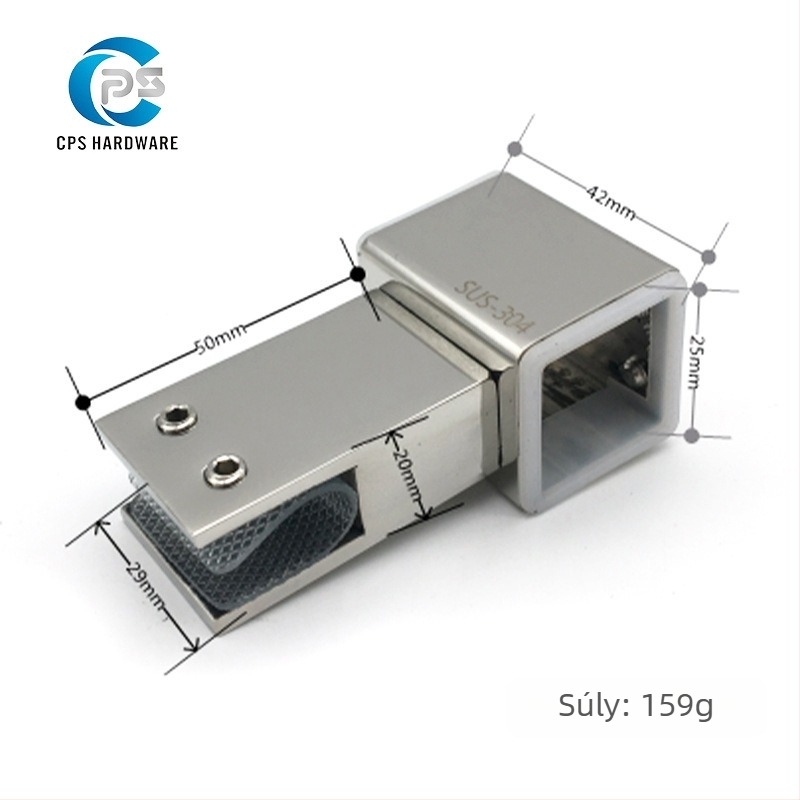 Rozsdamentes acél zuhanykabin üvegajtóhoz – 25x25 mm-es négyzetes cső, háromirányú univerzális flanész csipesz