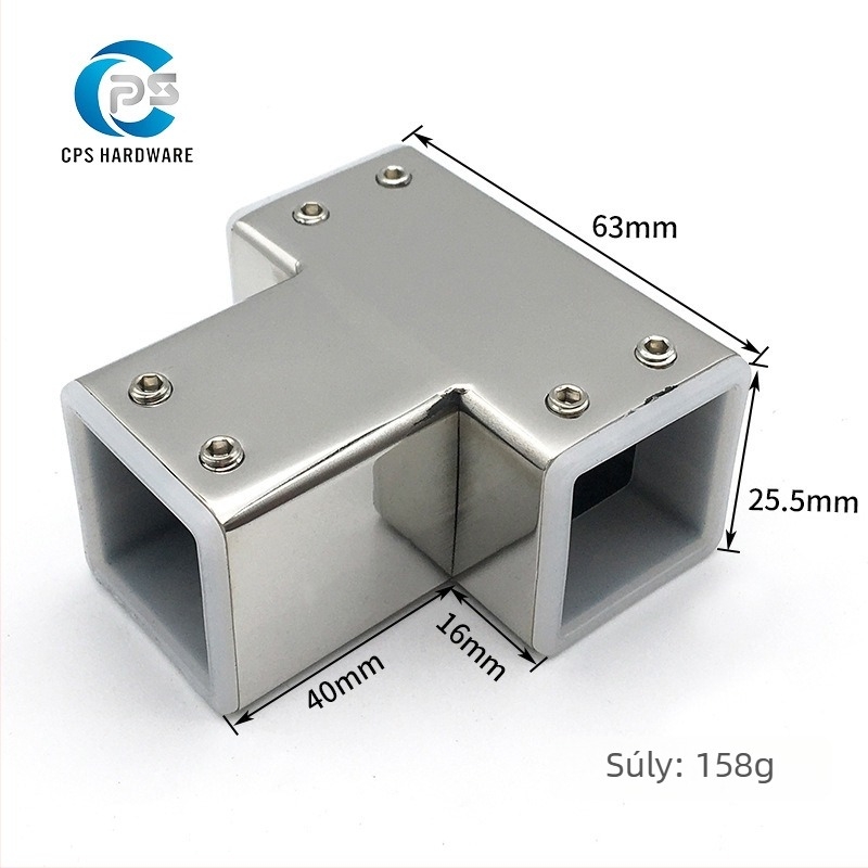 Rozsdamentes acél zuhanykabin üvegajtóhoz – 25x25 mm-es négyzetes cső, háromirányú univerzális flanész csipesz