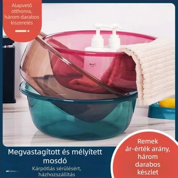 Vastagított, mély, átlátszó mosdótál; műanyagból, otthoni használatra, kollégiumi szobákhoz, arctisztításra és ruhamosásra.