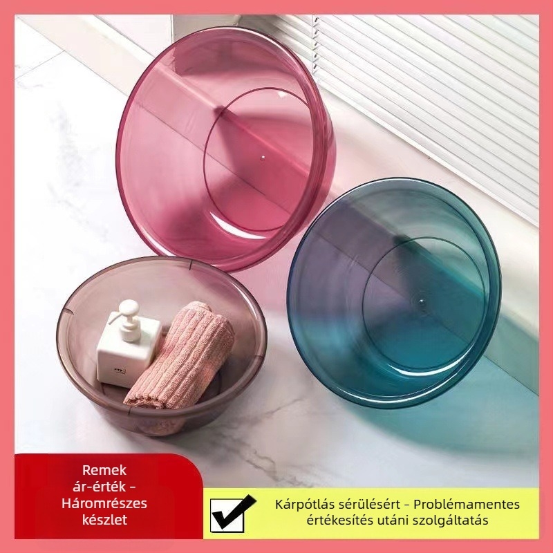 Vastagított, mély, átlátszó mosdótál; műanyagból, otthoni használatra, kollégiumi szobákhoz, arctisztításra és ruhamosásra.