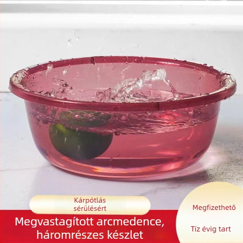 Vastagított, mély, átlátszó mosdótál; műanyagból, otthoni használatra, kollégiumi szobákhoz, arctisztításra és ruhamosásra.