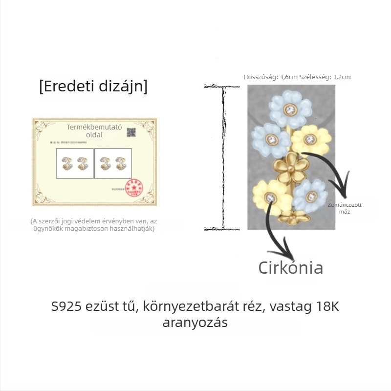 18K aranyozott zománcú fülbevalók cirkonos virág formájú, drip glaze technikával, friss és elegáns, magas minőségű női ékszer