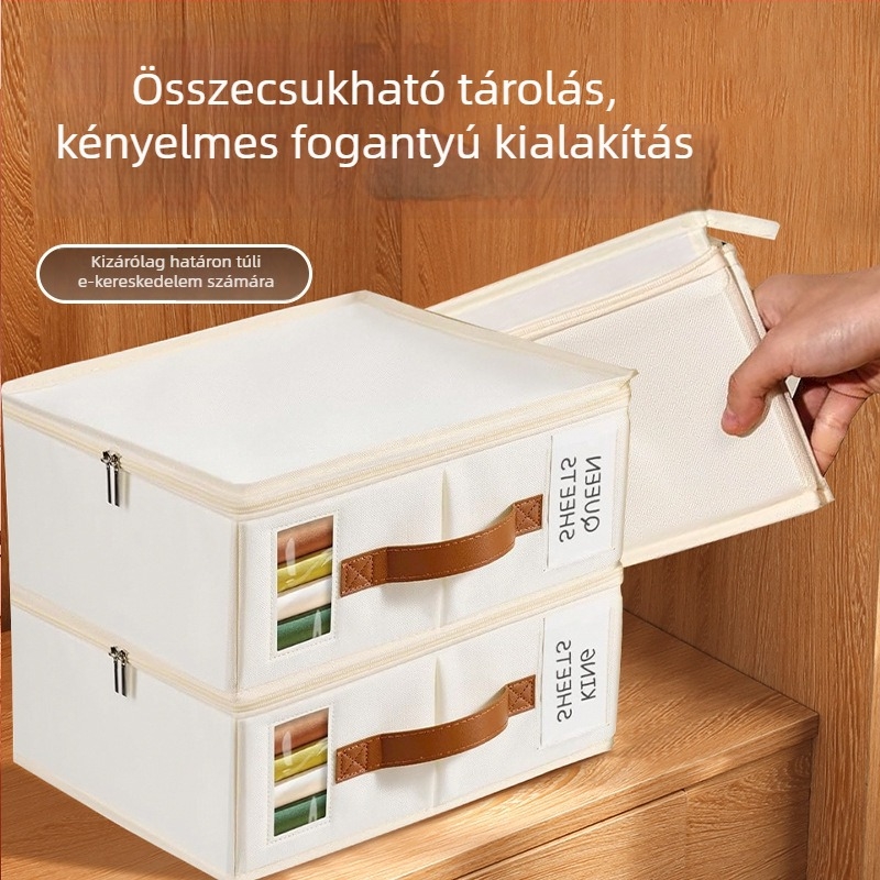 Összecsukható textil tároló doboz fedéllel, pormentes és átlátszó panellel ruhásszekrény szervezéséhez, 38×32×11,5 cm, 5–10 l
