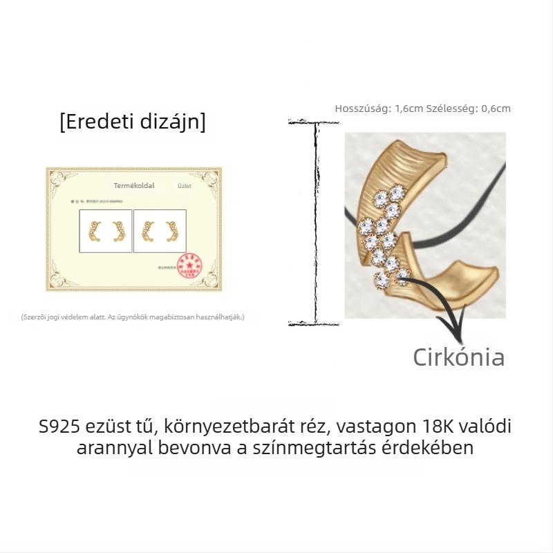 18K aranyozott fülbevalók, geometriai C-forma, texturált felület, micro cirkóni kövek, könnyed luxus, elegáns nőknek