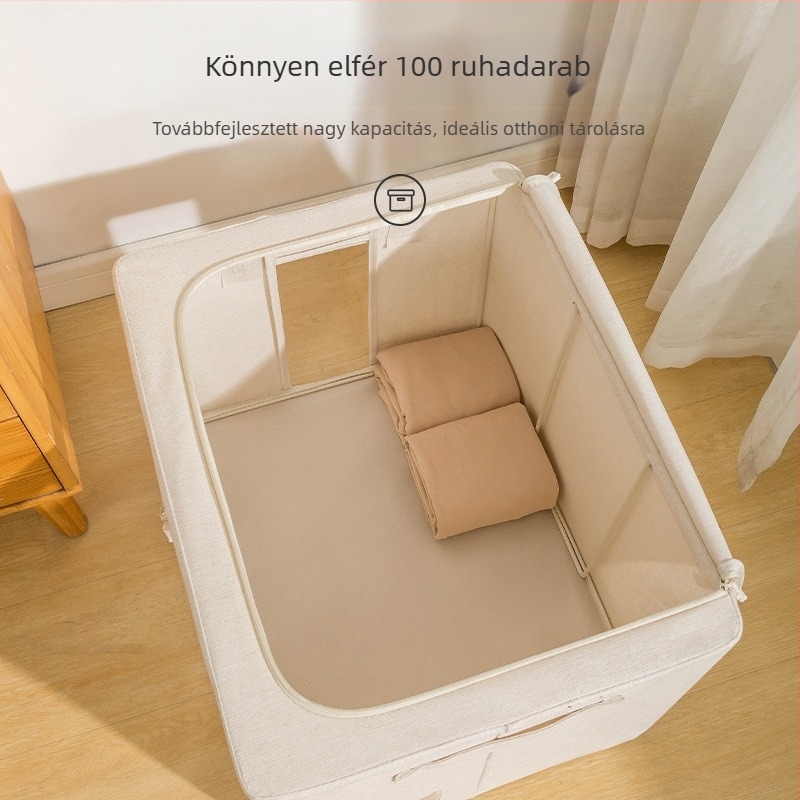 Textil tároló doboz, nagy kapacitású, összecsukható gardrób rendező ruhákhoz és takarókhoz, 60–70 L, pamut-len anyag, japán stílus