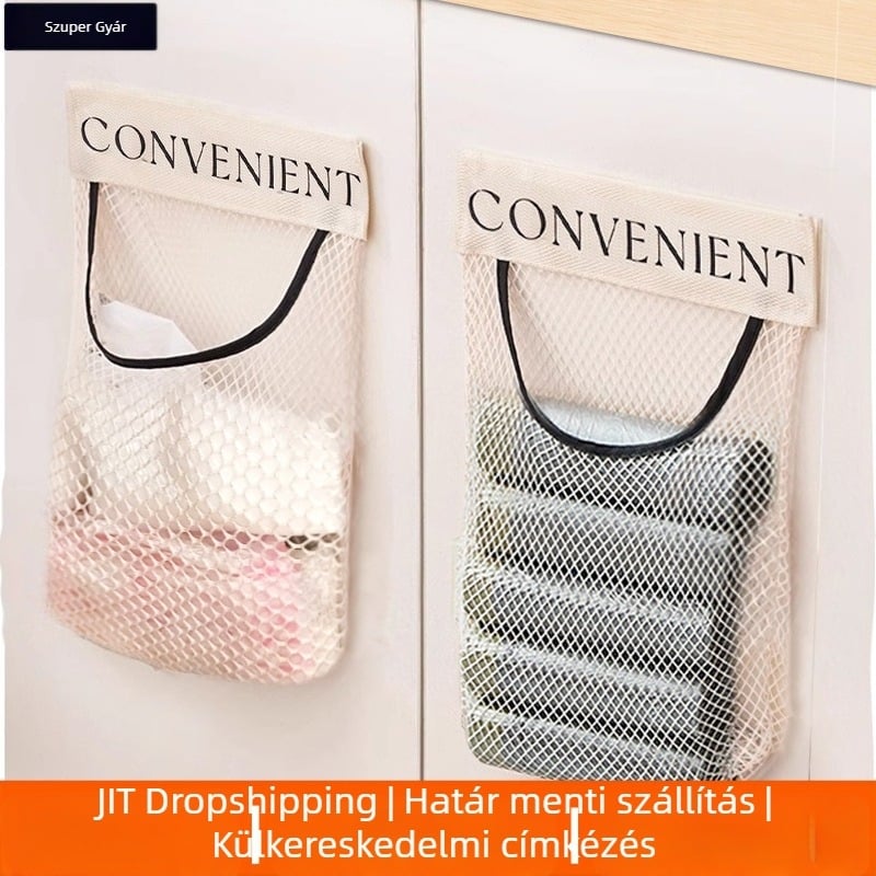 Konyhai szemeteszsák tároló hálós táska Velcro zárással, falra szerelhető