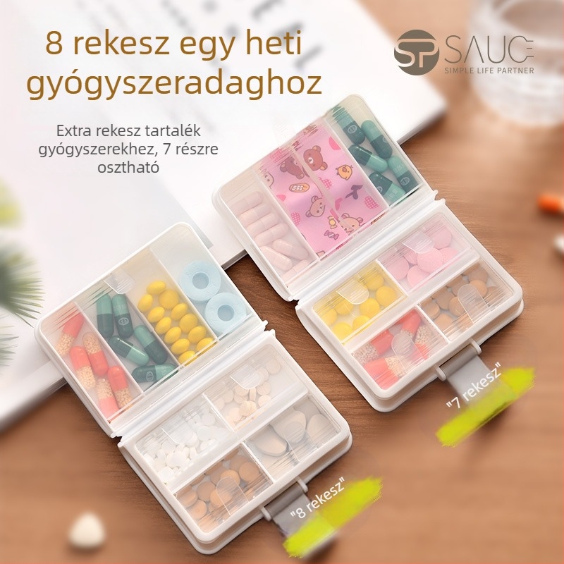 Könyv-stílusú gyógyszeres doboz, hordozható heti osztó rekesz tabletták és kapszulák számára