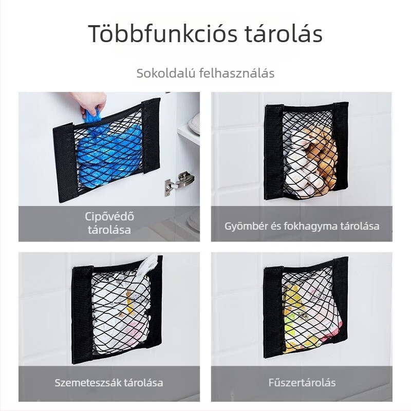 Kétrétegű Velcro-hálós tároló, falra szerelhető, nagy kapacitású, konyhai rendező