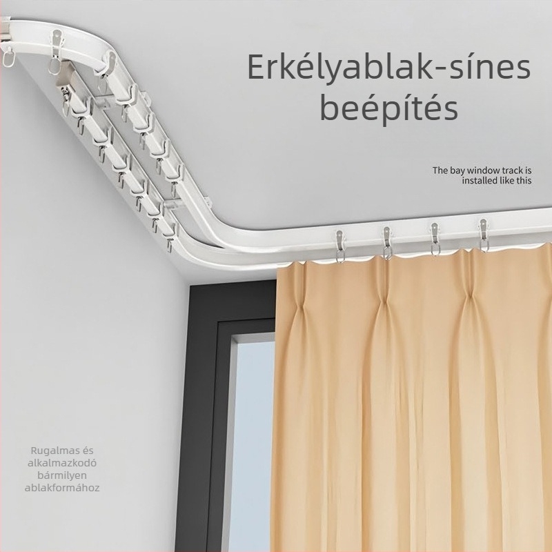 Függönycsatorna tartozékok gyűjteménye egyenes és görbe sínekhez, római rúd, elektromos sín, akasztók és gyűrűk