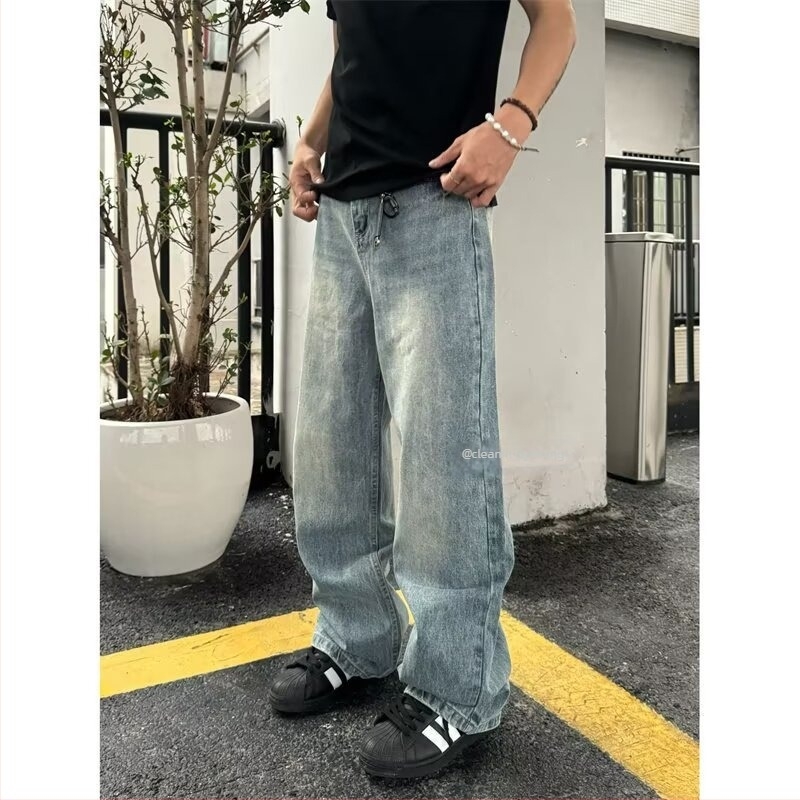Férfi vintage farmernadrág villám mintával, lazán szabott, egyenes szárú, hosszú denim nadrág