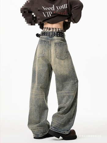 Férfi denim nadrág víz-hullám effektussal, tavasz–ősz, amerikai retro stílus, egyenes szabás, lazább, mosott