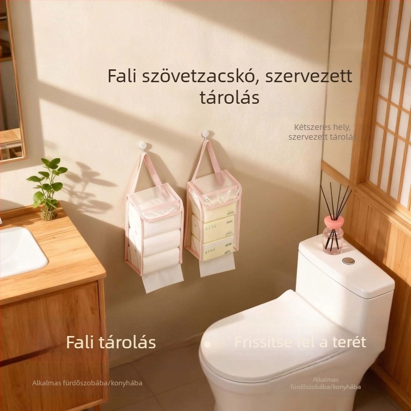 Falihoz rögzíthető zsebkendő tároló táska, vízálló fürdőszobai szervező
